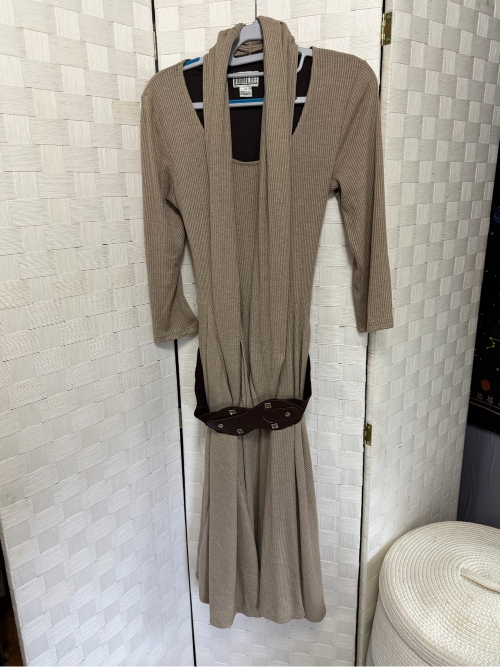 Robbie Bee Taupe Ribbed Long Sleeve Knit Dress with Attached Scarf - Picture 1 of 5